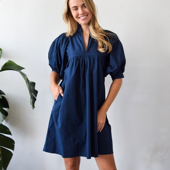 Never A Wallflower High Neck Dress in Navy/Gold Pinstripe Size Medium - Picture 4 of 4